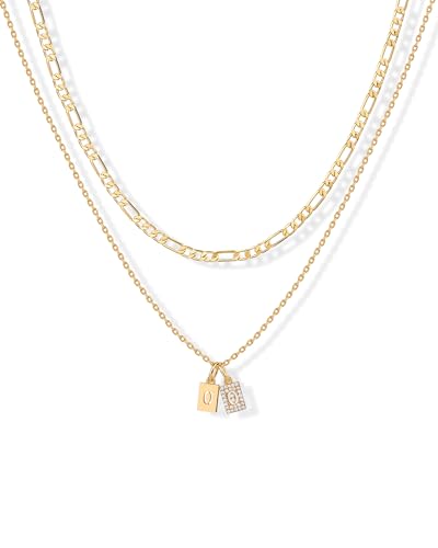 PAVOI Initial Necklace for Women, 14K Gold Plated Double Dog Tag CZ Pendant | Dainty Necklace, Letter Tag Necklace, Cubic Zirconia Pendant, Box Chain Necklace - style: - O