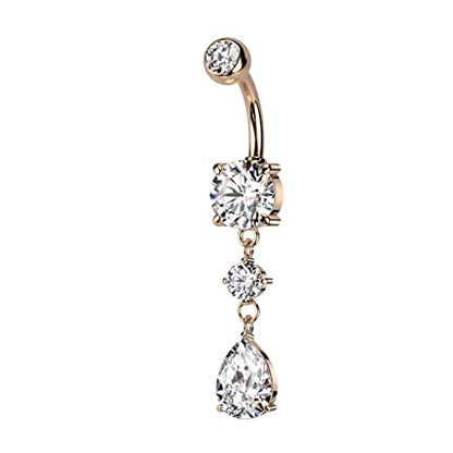 Pierced Owl 14GA 316L Stainless Steel CZ Crystal Tear Drop Dangling Belly Button Ring - style: Rose Gold Tone
