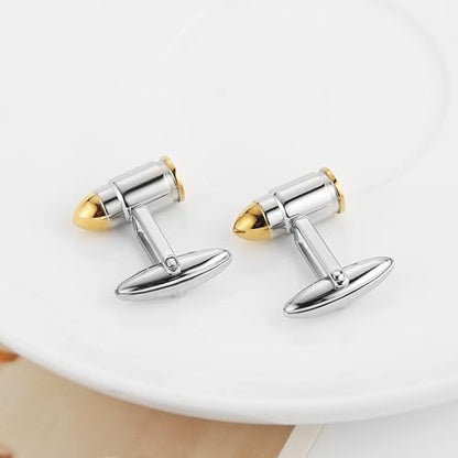 HZMAN Bullet Cufflinks for Men, Stainless Steel Two-Tone High Polished Novelty Cuff Links, Dress Shirt Accessories for Wedding Business Party