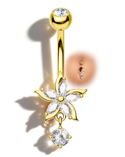 Flower Belly Button Ring 14G Dangle Navel Rings Stainless Steel Belly Button Piercing Jewelry - color: YG-10MM