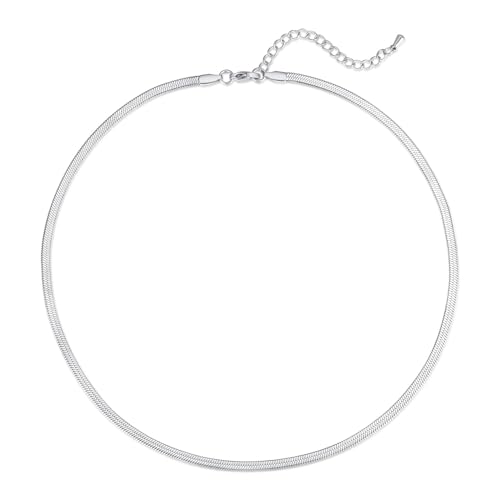 FOSIR Herringbone Necklace for Women, 14K Gold Plated/Silver/Black Choker Necklace, Dainty Surgical Stainless Steel Snake Chain for Women, 2.3mm/3mm/4mm/5mm Width - color: Silver, style: 3.0mm/16 Inch