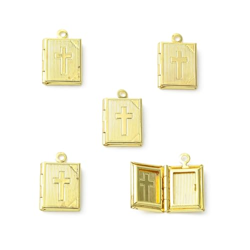 KitBeads 5Pcs Bible Book Charms Brass Gold Plated Religious Photo Frame Locket Pendants for DIY Memorial Necklaces Keychains Jewelry Making Crafts