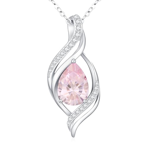 Birthstone Necklace for Women S925 Sterling Silver Teardrop | With Cubic Zirconia and Gemstones - Ideal Birthday Jewelry Gift for Her, Girlfriend, Wife, Mom on Birthday, Anniversary - color: 10 - Pink