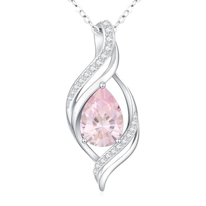 Birthstone Necklace for Women S925 Sterling Silver Teardrop | With Cubic Zirconia and Gemstones - Ideal Birthday Jewelry Gift for Her, Girlfriend, Wife, Mom on Birthday, Anniversary - color: 10 - Pink