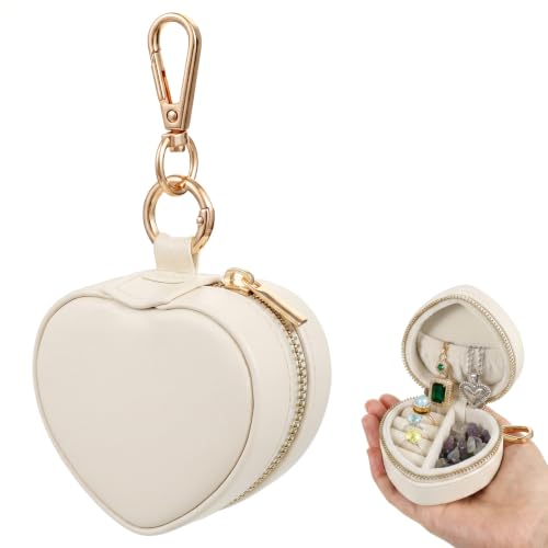 Small Travel Jewelry Case with Keychain Mini Jewelry Box for Rings Earrings Necklaces PU Leather Zipper Heart Jewelry Pouch for Women Travel Essentials White - color: white