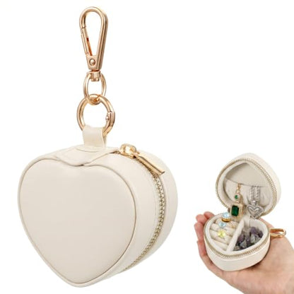 Small Travel Jewelry Case with Keychain Mini Jewelry Box for Rings Earrings Necklaces PU Leather Zipper Heart Jewelry Pouch for Women Travel Essentials White - color: white