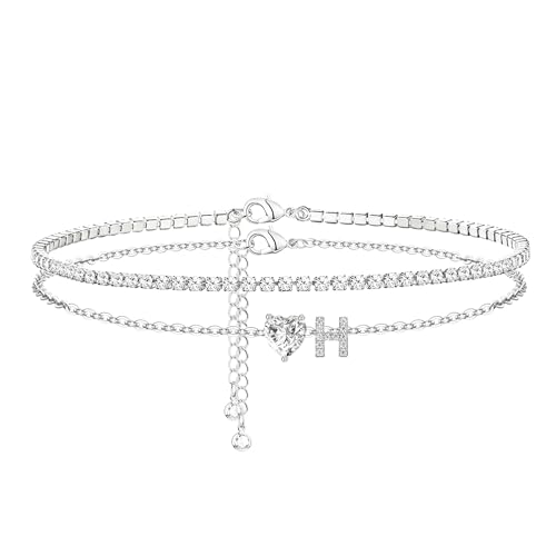 Heart Initial Silver Anklets for Women Waterproof Dainty Silver Plated ankle bracelets for women Large Ankle Women's Anklets Tennis ankle bracelets Non Tarnish Summer Beach Foot Jewelry - style: Silver-H