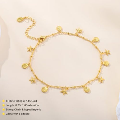 Ankle Bracelets for Women 14K Gold Sterling Silver Plated Anklets for Women Waterproof Dainty Anklets with Cubic Zirconia,Clover, Forever Love Knot, Chains Trendy Everyday Anklet Beach Summer Jewelry Gift - color: Shells-Gold