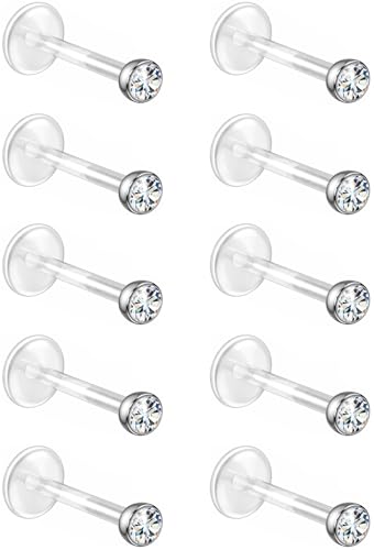 Bioflex Labret Plastic Lip Piercing Jewelry for Monroe, Medusa, Ashley and Cartilage Piercings, Tragus, Conch, Helix, Daith - 16g Clear Post Studs with Push-In CZ Crystals - color: Clear, size: 8mm