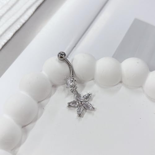 14G Crystal Flower Dangle Belly Button Ring for Women Stainless Steel Rhinestone Fashion Statement Lucky Floral Dangling Charm Curved Barbell Navel Rings Simple Sexy Summer Beach Body Piercing Jewelry - color: Silver