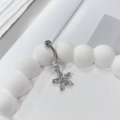 14G Crystal Flower Dangle Belly Button Ring for Women Stainless Steel Rhinestone Fashion Statement Lucky Floral Dangling Charm Curved Barbell Navel Rings Simple Sexy Summer Beach Body Piercing Jewelry - color: Silver