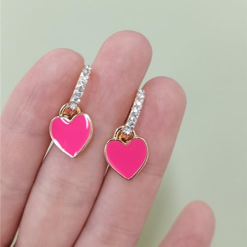 Preppy Love Heart Hoop Earrings for Women Teen Girls Gold Plated Cubic Zirconia CZ Charms Dangle Drop Huggie Small Hoops Cartilage Earring Fashion Colorful Y2K Jewelry Cute Gifts - color: Fuchsia
