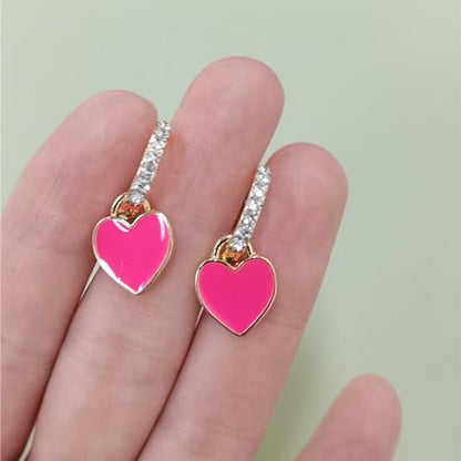 Preppy Love Heart Hoop Earrings for Women Teen Girls Gold Plated Cubic Zirconia CZ Charms Dangle Drop Huggie Small Hoops Cartilage Earring Fashion Colorful Y2K Jewelry Cute Gifts - color: Fuchsia