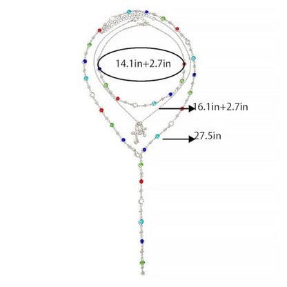Silvery Layered Necklace for Women, Y Necklace with Cross Pendant, Dainty Stackable Jewelry Gift for Everyday Wear - style: 3PCS - Colorful Chain&2 Cross&Colorful Chain