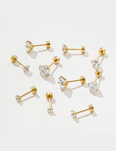 Kainier Women's 14K Gold Plated CZ Stud Earrings Simulated Diamond Round Cubic Zirconia Ear Stud Set（5 Pairs)… - color: CZ-Gold-Plated