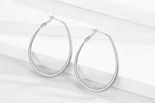 Lightweight Oval Hoop Earrings for Women - 14K Gold Plated, Rose Gold Plated and Sterling Silver Plated Large Oblong Hoop Earrings for Women Statement Jewelry Gift - color: silver