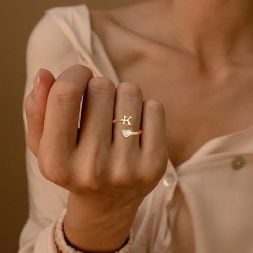 Lunvky Birthday Gifts Silver Initial Rings for Women Teen Girl Kids Trendy Stuff Dainty 14K Gold Plated Adjustable Heart Letter Thumb Rings Pinky Cute Jewelry Personalized Gift - color: Gold, size: Initial-V