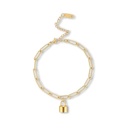 18K Gold Plated Paperclip Link Chain Bracelet with Charms, Gift with a Box - color: Lock