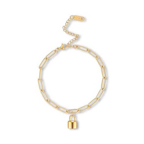 18K Gold Plated Paperclip Link Chain Bracelet with Charms, Gift with a Box - color: Lock