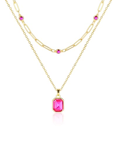 Gold Layered Necklaces for Women, 18k Gold Plated Crystal Necklace Paperclip Choker Emerald Green Jewelry for Women Gifts - color: Rose Pink