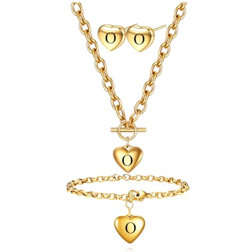 Women's 3 Pieces Heart Name Initial Necklace, Bracelet, Earrings, Jewelry Set Stainless Steel A-Z letters Jewelry Suits - color: Gold, size: O