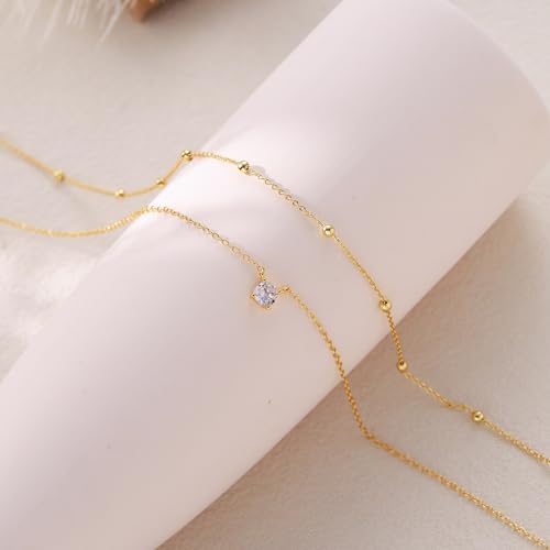 Layered Choker Necklace for Women Stackable Chain Dainty Zircon Pendant Set | 2PCS, Silver/14K Gold Plated, Box/Ball/Rope/Lip chain, Layering Diamond Cut CZ Pendant, Dainty Thin Chain, Trendy Prom Gift - color: Gold, style: Style 01