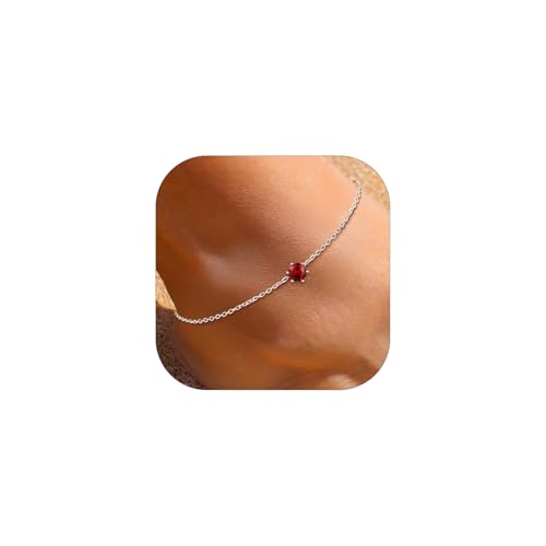 ChicSilver 925 Sterling Silver Anklets for Women, Simple Dainty Round/Heart Birthstone Ankle Bracelet Beach Foot Jewelry, 8.7-10.7 Inch Adjustable - color: 01. Round - January(Garnet)