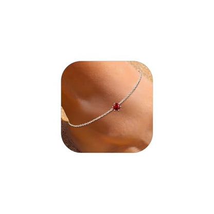 ChicSilver 925 Sterling Silver Anklets for Women, Simple Dainty Round/Heart Birthstone Ankle Bracelet Beach Foot Jewelry, 8.7-10.7 Inch Adjustable - color: 01. Round - January(Garnet)