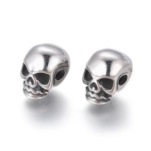 Elecrelive 10Pcs Skull Large Hole Beads Skeleton Skull Head Stainless Steel Beads Halloween Bracelet Charms for Gothic Bracelets Earrings Jewelry Making - color: Antique Silver, 11mm