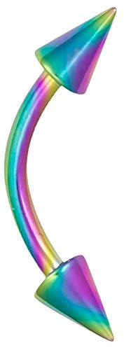 16g 8mm Daith Earring, Eyebrow Ring and Rook Piercing Jewelry, Titanium IP Double Spike Barbell - style: Rainbow
