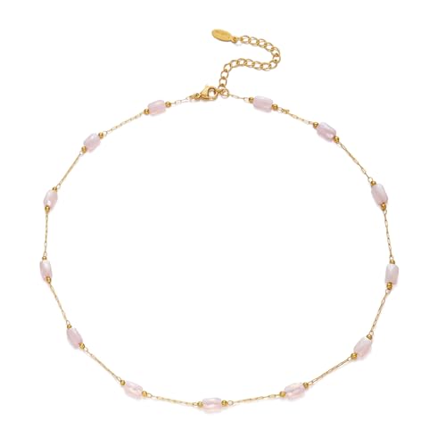 RINHOO Dainty Beaded Necklace for Women 18K Gold Plated Stainless Steel Colorful Blue Pink Choker Boho Choker Necklace Jewelry Gift for Women - color: Style 1-Pink