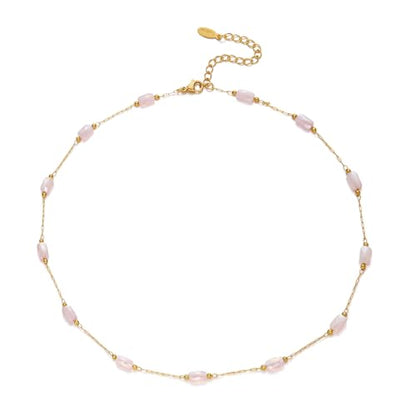 RINHOO Dainty Beaded Necklace for Women 18K Gold Plated Stainless Steel Colorful Blue Pink Choker Boho Choker Necklace Jewelry Gift for Women - color: Style 1-Pink