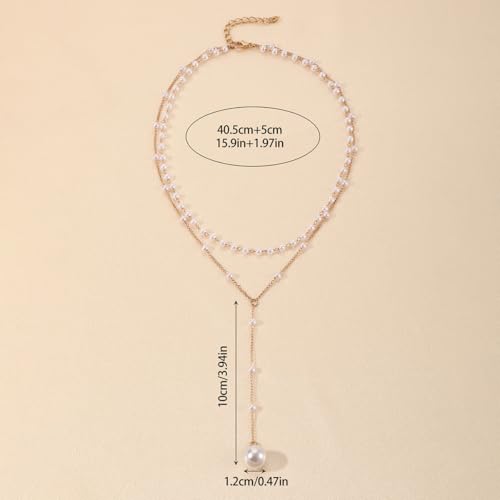 Gold Lariat Necklace for Women Layered Pearl Lariat Necklace Sun Y-shaped Dangle Dainty Long Beaded Cz Chain Drop Minimalist Lasso Jewelry Accessories