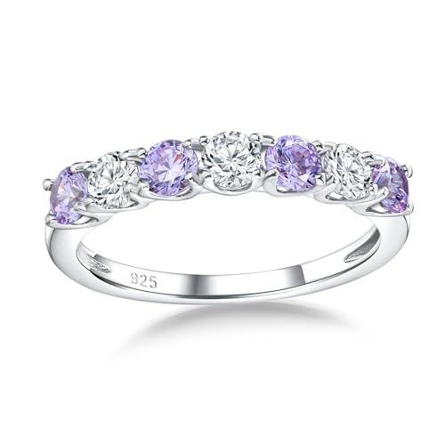 Birthstone Wedding Band Eternity Rings 925 Sterling Silver Rings Stackable Anniversary Engagement Rings Cubic Zirconia Inlaid Created Garnet/Amethyst/Sapphire Ring 7 Stone Ring, Size 6 to 10 - color: Alexandrite & 5A CZ