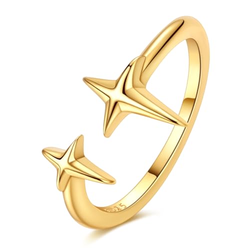 925 Sterling Silver Adjustable Rings for Women 14K Gold Plated Thumb Rings | Stackable Statement Eternity Rings Dainty Starfish Star Moon Heart Lucky Open Ring Trendy Jewelry Birthday Gifts for Ladies - color: Gold Star Charms Ring