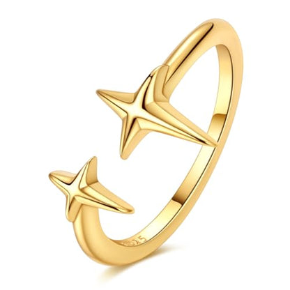 925 Sterling Silver Adjustable Rings for Women 14K Gold Plated Thumb Rings | Stackable Statement Eternity Rings Dainty Starfish Star Moon Heart Lucky Open Ring Trendy Jewelry Birthday Gifts for Ladies - color: Gold Star Charms Ring