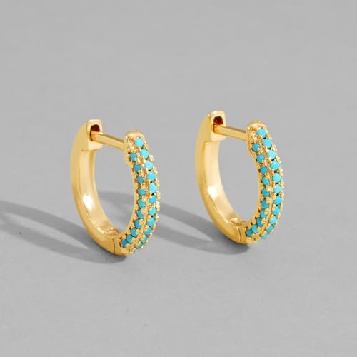 Dremmy Studios Dainty CZ Huggie Hoop Earrings 14K Gold Plated Chunky Simple Cute Thick Round Frill Bead Ball Starburst Cuff Earrings Cubic Zirconia Hoop Earrings Minimalist Personalized Gift for Her - color: CZ Turquoise