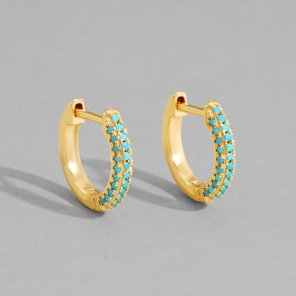 Dremmy Studios Dainty CZ Huggie Hoop Earrings 14K Gold Plated Chunky Simple Cute Thick Round Frill Bead Ball Starburst Cuff Earrings Cubic Zirconia Hoop Earrings Minimalist Personalized Gift for Her - color: CZ Turquoise