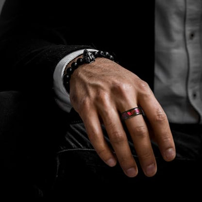 King Will Tungsten Wedding Band Wood Inlay for Men Black Beveled Edge | Black, 8mm, Beveled Edge, Comfort Fit, Wood inlay, Promise Gift - color: Black-Red