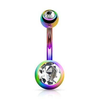 14GA Surgical Steel & Synthetic Opal Resin Belly Button Rings for Women | 3/8" Length, 5mm x 8mm Ball, Classic Look, Super High Quality - style: Titanium Rainbow/Clear