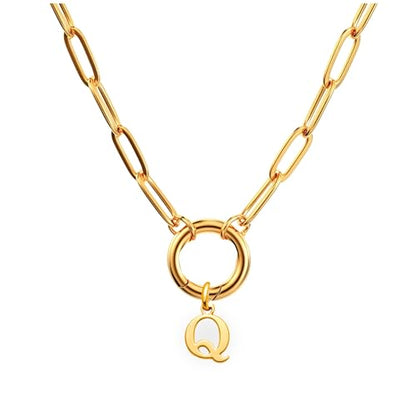 Paperclip Chain Carabiner Initial Charm Holder Necklace by Ginger Lyne | 18K Gold-Plated or Silver Tone Paperclip Chain with Carabiner Charm Holder, Adjustable 18-20 Inch, A-Z Initial Pendant - color: Gold-Q