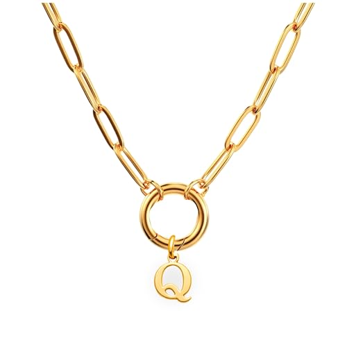Paperclip Chain Carabiner Initial Charm Holder Necklace by Ginger Lyne | 18K Gold-Plated or Silver Tone Paperclip Chain with Carabiner Charm Holder, Adjustable 18-20 Inch, A-Z Initial Pendant - color: Gold-Q