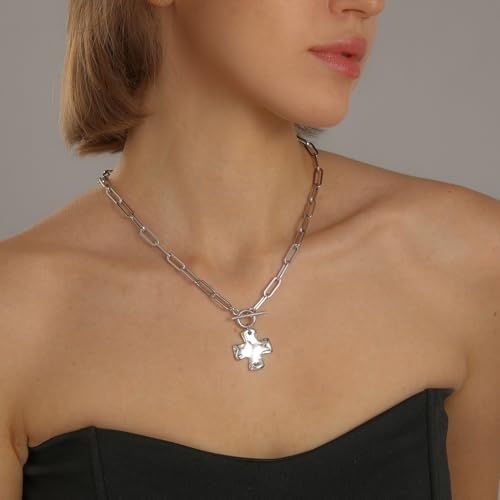 Chunky Cross Necklace for Women Trendy 14K Gold Silver Plated Statement Big Cross Pendant Paperclip Chain Charm Necklaces Religious Faith Easter Basket Stuffers Baptism Costume Jewelry Gift - color: White Gold-Toggle-1 inch pendant