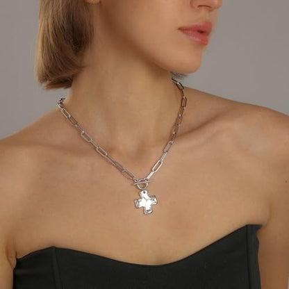 Chunky Cross Necklace for Women Trendy 14K Gold Silver Plated Statement Big Cross Pendant Paperclip Chain Charm Necklaces Religious Faith Easter Basket Stuffers Baptism Costume Jewelry Gift - color: White Gold-Toggle-1 inch pendant