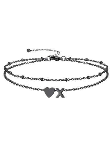 Ankle Bracelets for Women Waterproof 14K Gold/Silver/Black Initial Anklet for Women Dainty Layered Heart Ankle Bracelets Stainless Steel Adjustable Foot Chain Anklet Summer Beach Jewelry - color: X-Black