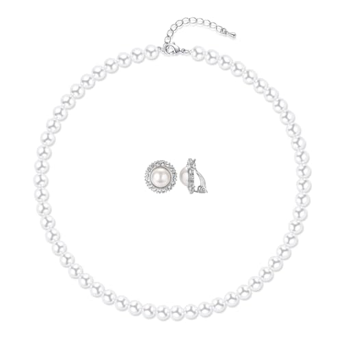 8mm 10mm Faux Pearl Necklace Earrings Set for Women White Black Round Glass Pearl Wedding Jewelry Gifts - color: Sun White Pearl-Ear Clips Set, size: 8mm