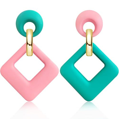 70s 80s Vintage Resin Neon Square Dangle Drop Earrings Simplicity Acrylic Hollow Round Circle Geometry Stud Earrings for Women - style: Blue Pink