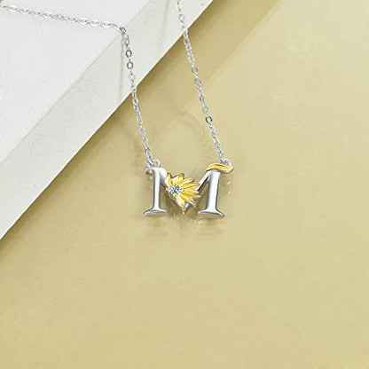 POPLYKE Initial Sunflower Necklace for Women 925 Sterling Sliver Sunflower Pendant Necklace Letter Initial Pendant Chain - style: Sunflower M