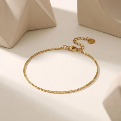 18K Gold Plated Pearl Beaded Cross Bracelets for Women Adjustable Stainless Steel Dainty Thin Gold Box Cuban Twisted Link Chain Bracelet Bridesmaid Jewelry Gifts - color: Box-Gold
