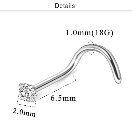 Nose Studs Surgical Steel Nose Rings Studs with Cubic Zirconia 10Pcs Tiny Nostril Rings for Women Screw Bone and L-Shaped Nostril Piercing Jewelry 24G 22G 20G 18G - color: silvertone,screw nose studs, size: 18g,2.0mm Clear CZ